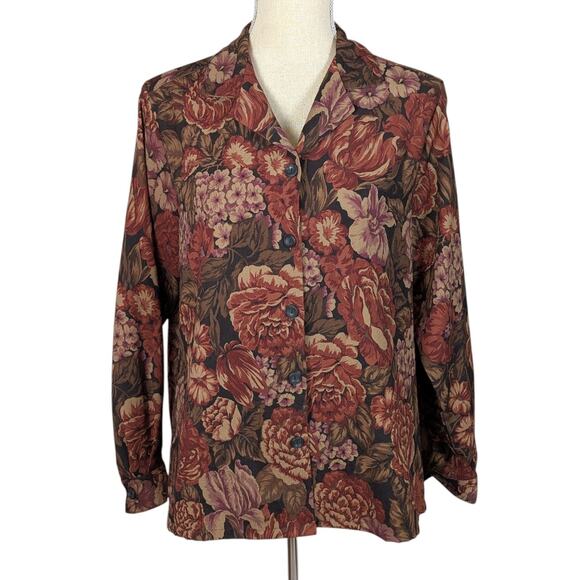 90s Vintage Fall Floral Top Shaket by Bon Worth Brown Black and Tan Size M - Picture 2 of 14
